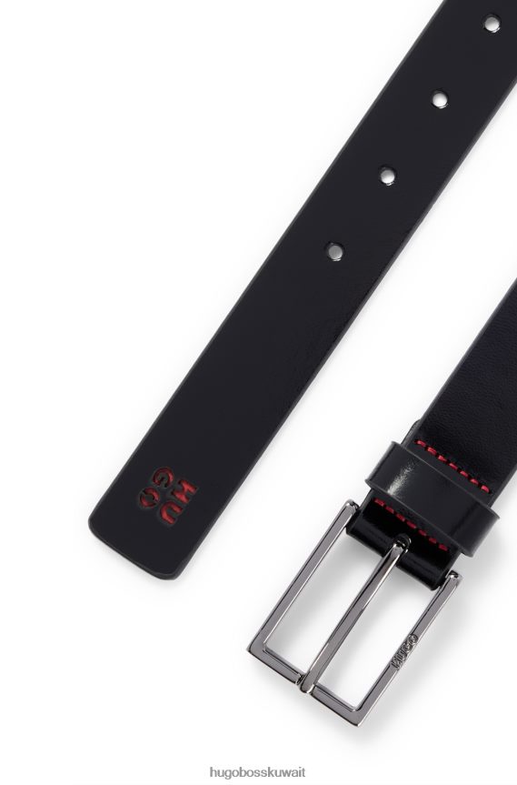 4TFNJN5822 أسود Hugo Boss حزام هوغو من الجلد الأسود مع طرف شعار مكدس
