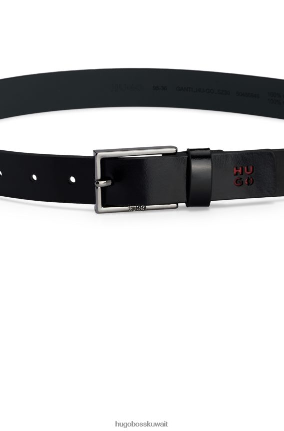 4TFNJN5822 أسود Hugo Boss حزام هوغو من الجلد الأسود مع طرف شعار مكدس