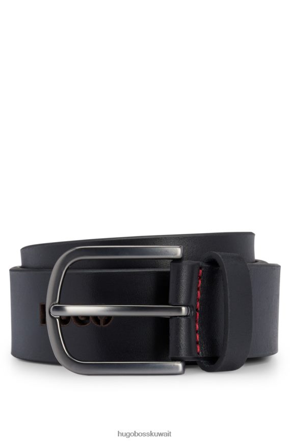 4TFNJN5836 أسود Hugo Boss حزام من الجلد مع شعارات مقطوعة باللون الأسود من هوغو