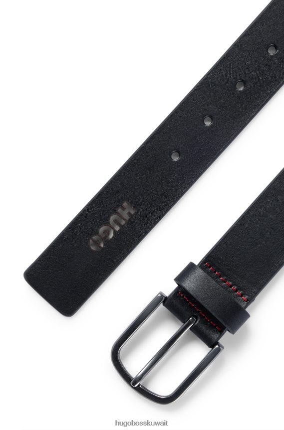 4TFNJN5836 أسود Hugo Boss حزام من الجلد مع شعارات مقطوعة باللون الأسود من هوغو