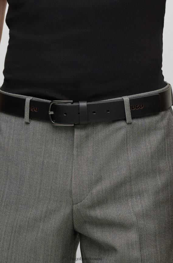 4TFNJN5836 أسود Hugo Boss حزام من الجلد مع شعارات مقطوعة باللون الأسود من هوغو