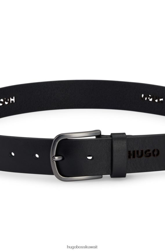 4TFNJN5836 أسود Hugo Boss حزام من الجلد مع شعارات مقطوعة باللون الأسود من هوغو