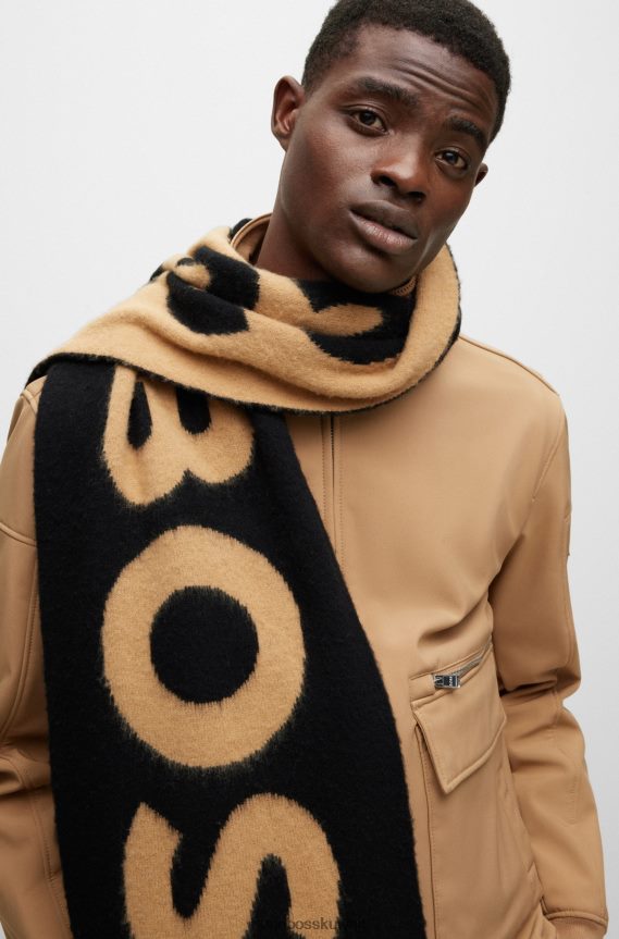 4TFNJN5840 أسود Hugo Boss وشاح هوغو من مزيج الصوف باللون الأسود مع شعار الجاكار ولمسة نهائية مصقولة