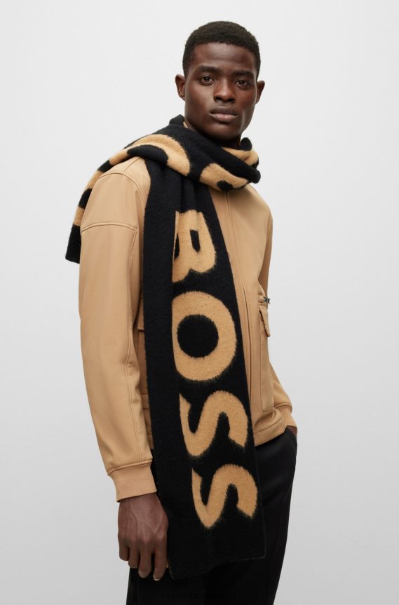 4TFNJN5840 أسود Hugo Boss وشاح هوغو من مزيج الصوف باللون الأسود مع شعار الجاكار ولمسة نهائية مصقولة