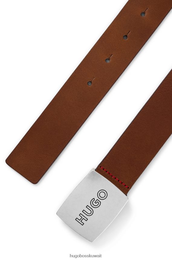 4TFNJN5841 بني Hugo Boss حزام جلد هوغو مع إبزيم لوحة الشعار باللون البني