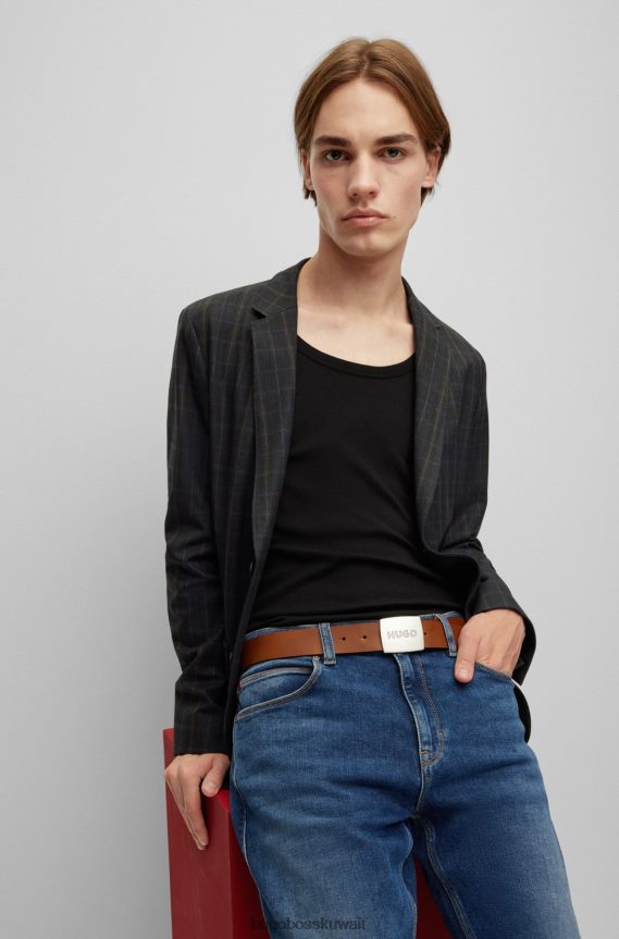 4TFNJN5841 بني Hugo Boss حزام جلد هوغو مع إبزيم لوحة الشعار باللون البني