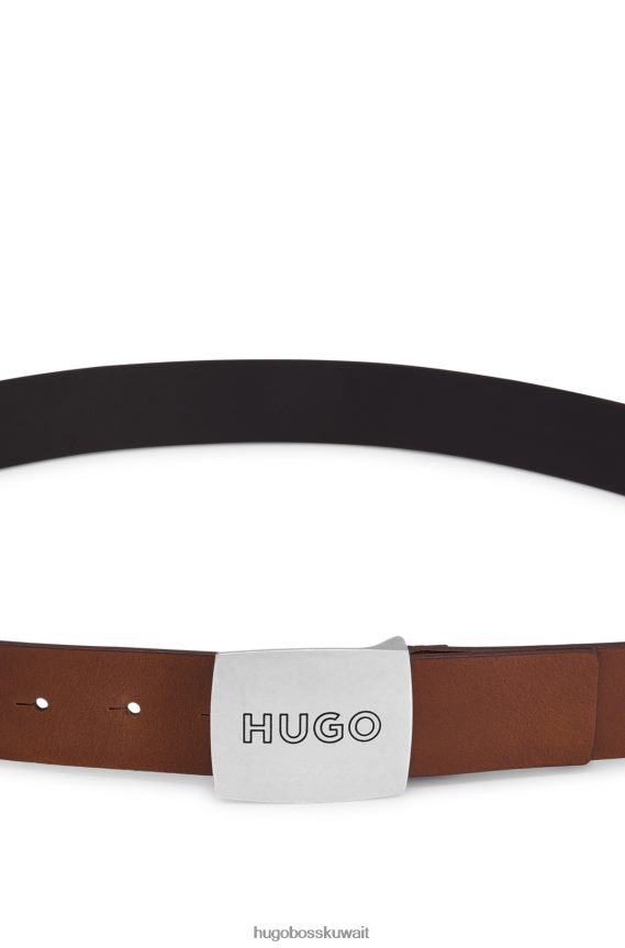 4TFNJN5841 بني Hugo Boss حزام جلد هوغو مع إبزيم لوحة الشعار باللون البني