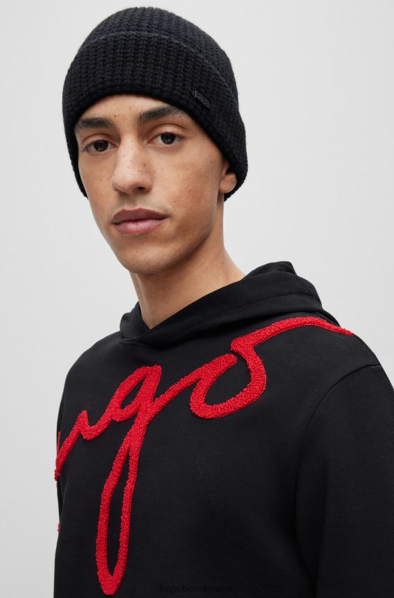 4TFNJN5846 أسود Hugo Boss قبعة صغيرة من مزيج الصوف هيوغو سوداء مع شارة الشعار