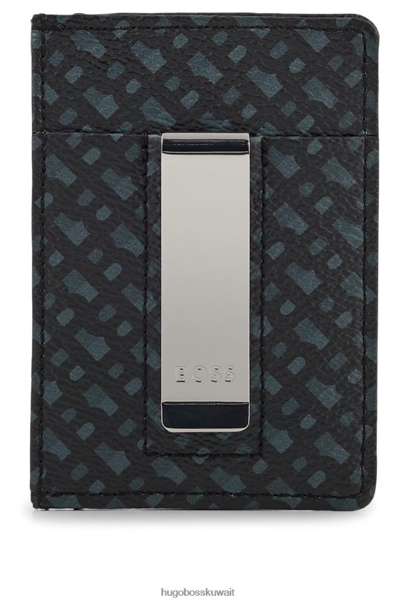 4TFNJN5853 أسود Hugo Boss حامل بطاقات بمشبك نقود من القماش الإيطالي المونوغرامي باللون الأسود