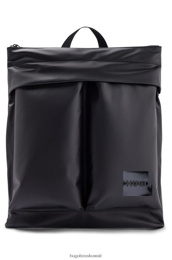 4TFNJN5855 أسود Hugo Boss حقيبة ظهر من القماش المطلي باللون الأسود من هوغو مع رقعة شعار وسحاب للإغلاق