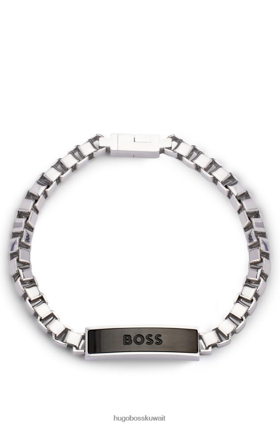 4TFNJN5861 فضة Hugo Boss سوار على شكل سلسلة مربعة مع لوحة شعار سوداء هيوغو فضي