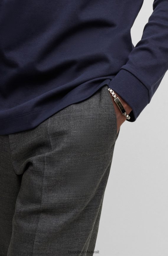 4TFNJN5861 فضة Hugo Boss سوار على شكل سلسلة مربعة مع لوحة شعار سوداء هيوغو فضي