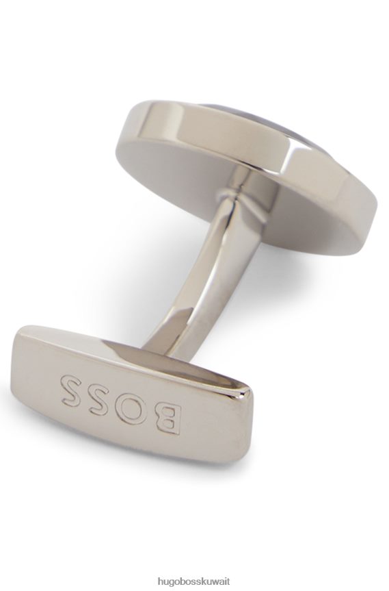 4TFNJN5862 أسود Hugo Boss أزرار أكمام مستديرة سوداء مع حشوة زجاجية متعددة الأوجه وتأثير هوغو مصقول