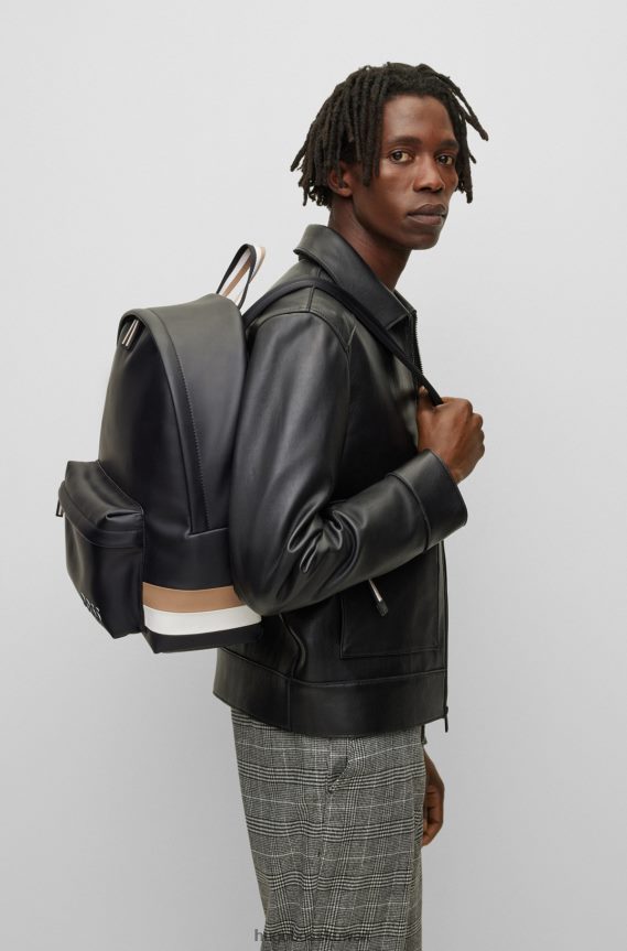 4TFNJN5865 أسود Hugo Boss حقيبة ظهر هوغو من الجلد الصناعي باللون الأسود مع شريط مميز