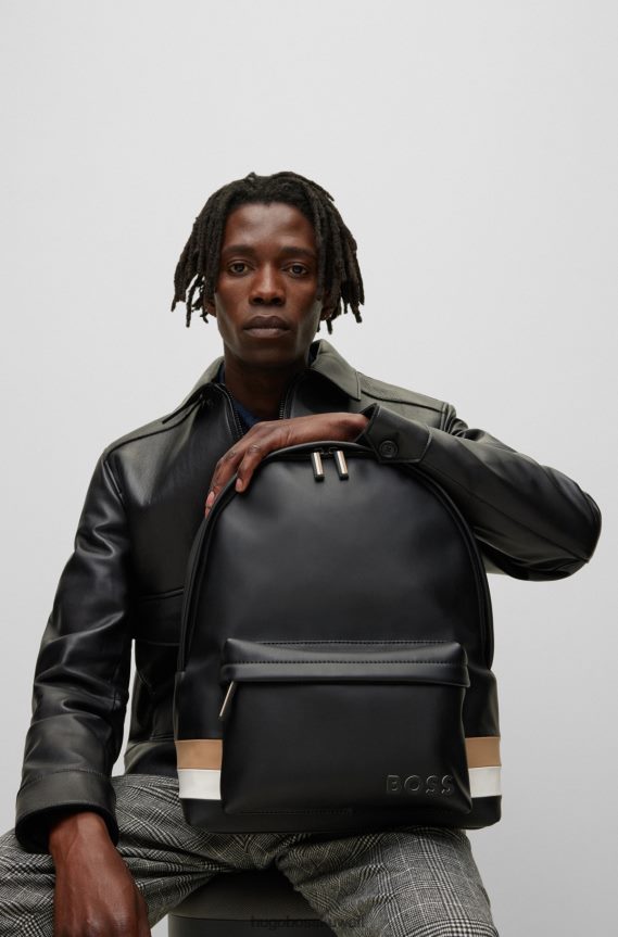 4TFNJN5865 أسود Hugo Boss حقيبة ظهر هوغو من الجلد الصناعي باللون الأسود مع شريط مميز