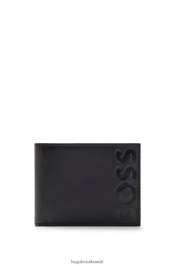 4TFNJN5868 أسود Hugo Boss محفظة من الجلد المحبب مع شعار emed ولمسة نهائية غير لامعة