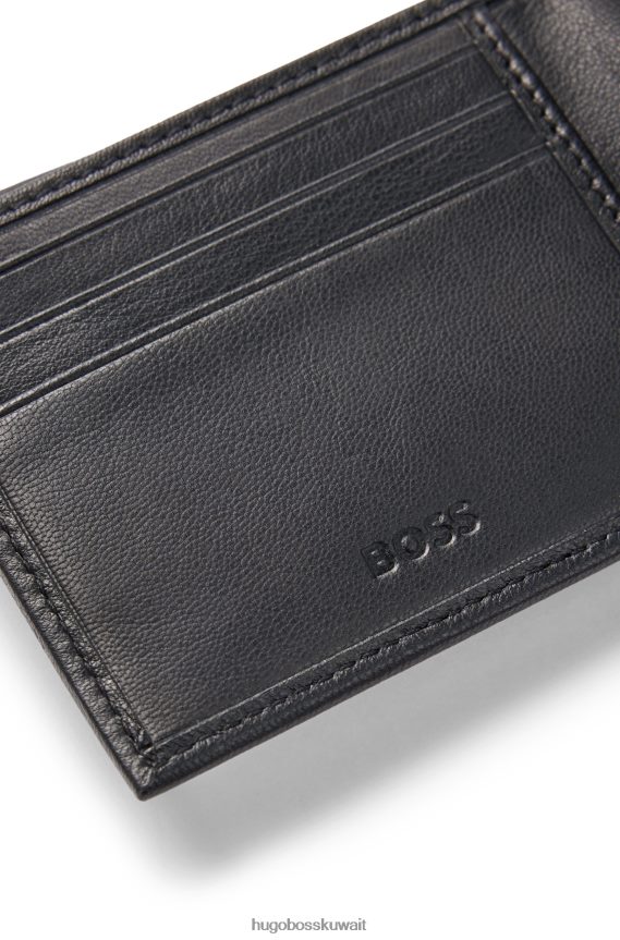 4TFNJN5868 أسود Hugo Boss محفظة من الجلد المحبب مع شعار emed ولمسة نهائية غير لامعة