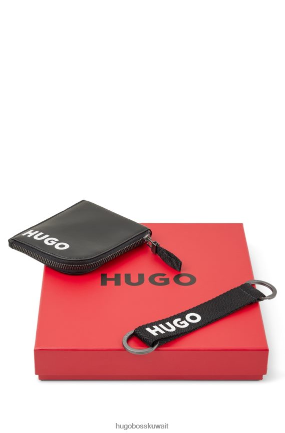 4TFNJN5869 أسود Hugo Boss حافظة عملات معدنية بشعار أسود ومجموعة هدايا حلقة مفاتيح من هوغو