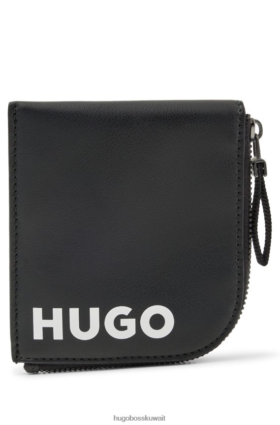 4TFNJN5869 أسود Hugo Boss حافظة عملات معدنية بشعار أسود ومجموعة هدايا حلقة مفاتيح من هوغو
