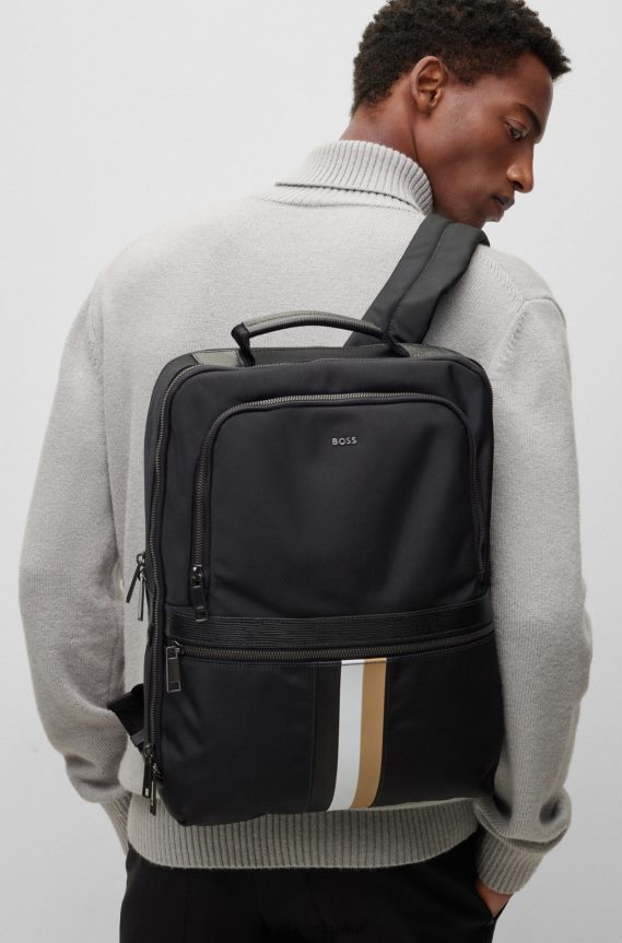 4TFNJN5870 أسود Hugo Boss حقيبة ظهر من النايلون المعاد تدويره مع شريط هوغو باللون الأسود