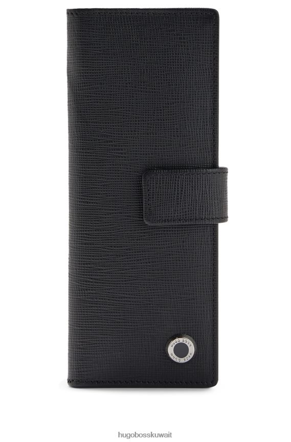 4TFNJN5871 أسود Hugo Boss حامل أقلام هوغو مصنوع من الجلد الأسود مع أجزاء معدنية تحمل الشعار