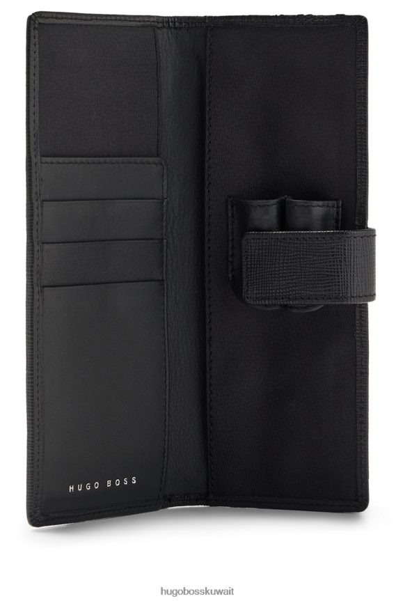 4TFNJN5871 أسود Hugo Boss حامل أقلام هوغو مصنوع من الجلد الأسود مع أجزاء معدنية تحمل الشعار