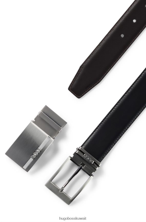 4TFNJN5876 بني غامق Hugo Boss حزام من الجلد الإيطالي ذو وجهين مع لوحة وإبزيم دبوس هوغو بني داكن