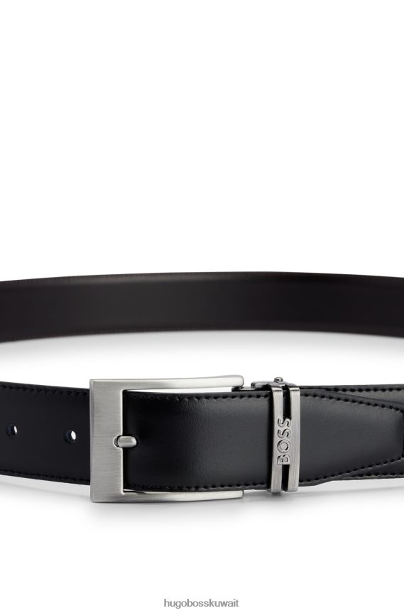 4TFNJN5876 بني غامق Hugo Boss حزام من الجلد الإيطالي ذو وجهين مع لوحة وإبزيم دبوس هوغو بني داكن