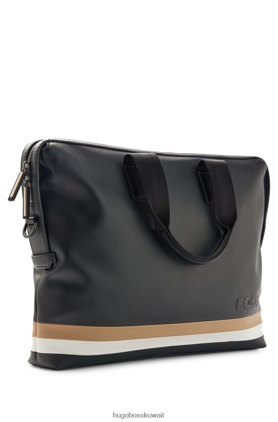 4TFNJN5879 أسود Hugo Boss حافظة مستندات هوغو من الجلد الصناعي مع تفاصيل شريطية مميزة باللون الأسود