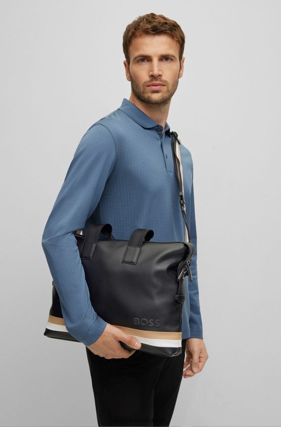 4TFNJN5879 أسود Hugo Boss حافظة مستندات هوغو من الجلد الصناعي مع تفاصيل شريطية مميزة باللون الأسود