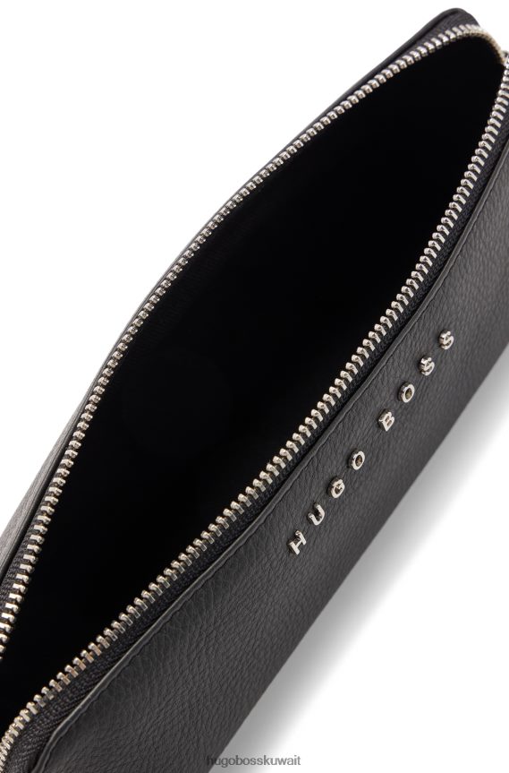 4TFNJN5887 أسود Hugo Boss حافظة أقلام من الجلد الأسود المحبب مع شعار Hugo باللون الفضي