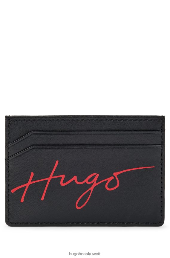 4TFNJN5899 أسود Hugo Boss حامل بطاقات من الجلد الأسود مع شعار مكتوب بخط اليد وتأثير لامع