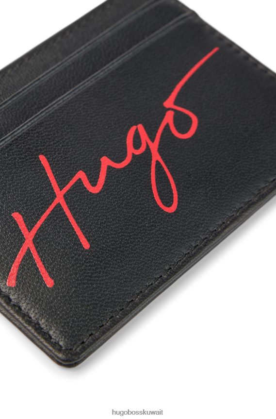 4TFNJN5899 أسود Hugo Boss حامل بطاقات من الجلد الأسود مع شعار مكتوب بخط اليد وتأثير لامع