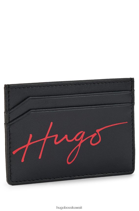 4TFNJN5899 أسود Hugo Boss حامل بطاقات من الجلد الأسود مع شعار مكتوب بخط اليد وتأثير لامع