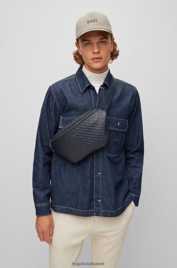 4TFNJN5900 أزرق غامق Hugo Boss حقيبة بحزام من الجلد المحبب مع حروف emed