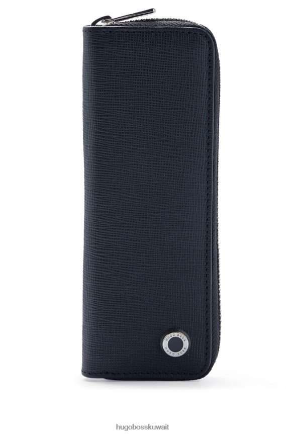 4TFNJN5901 أسود Hugo Boss حقيبة أقلام بسحاب من الجلد المزخرف مع أجزاء معدنية تحمل العلامة التجارية هوغو باللون الأسود