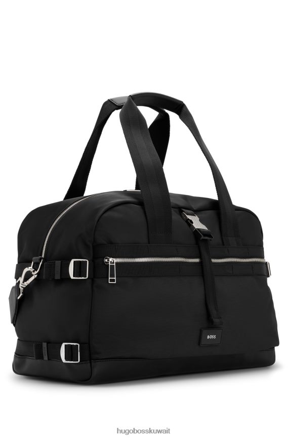 4TFNJN5904 أسود Hugo Boss حقيبة هوغو من المواد المعاد تدويرها مع تفاصيل الشعار وحزام قابل للفصل باللون الأسود