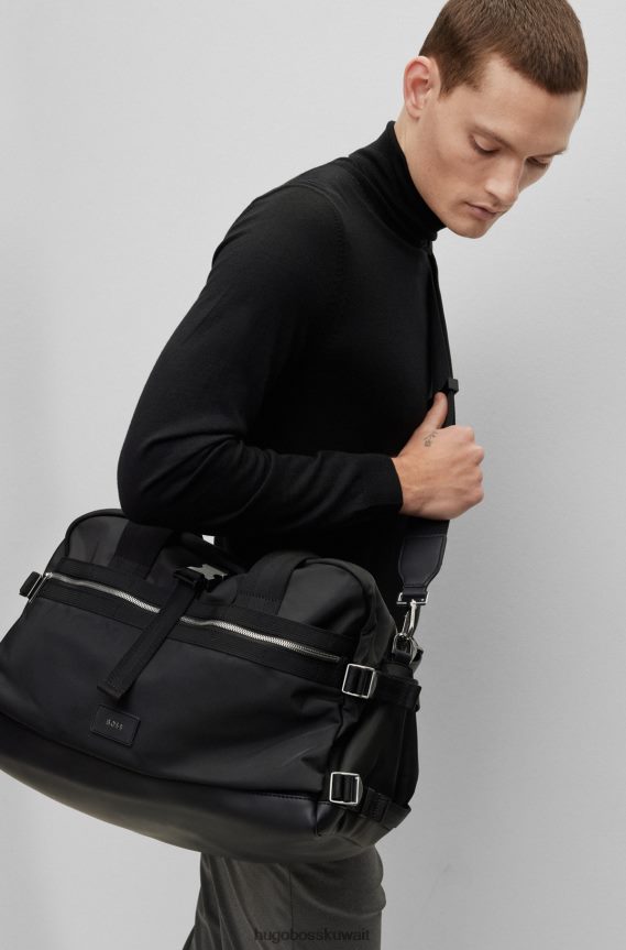 4TFNJN5904 أسود Hugo Boss حقيبة هوغو من المواد المعاد تدويرها مع تفاصيل الشعار وحزام قابل للفصل باللون الأسود