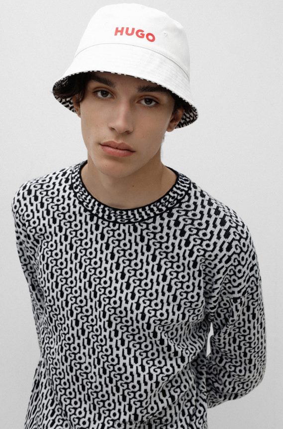 4TFNJN5913 أبيض Hugo Boss قبعة دلو بيضاء قابلة للعكس بطبعة شعار الماركة، مصنوعة من قطن هوغو التويل