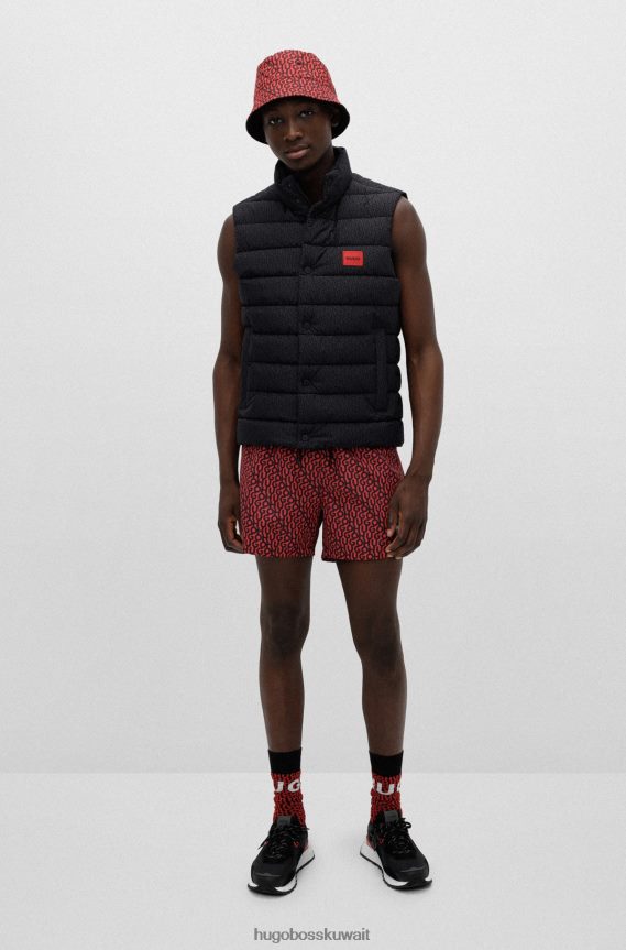 4TFNJN5914 أسود Hugo Boss قبعة دلو قابلة للعكس بطبعة شعار الماركة من نسيج قطني مضلع باللون الأسود