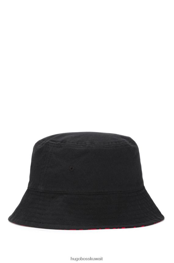4TFNJN5914 أسود Hugo Boss قبعة دلو قابلة للعكس بطبعة شعار الماركة من نسيج قطني مضلع باللون الأسود