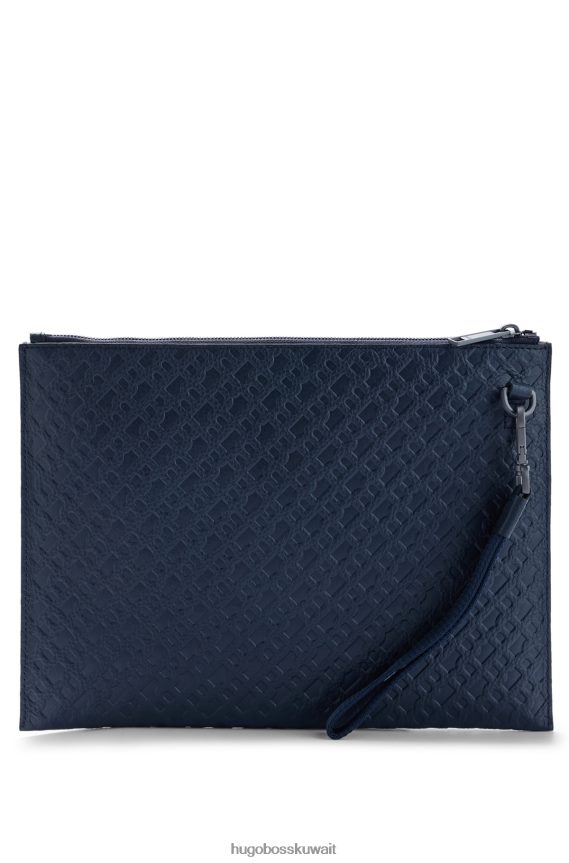 4TFNJN5922 أزرق غامق Hugo Boss حقيبة محفظة من الجلد المحبب مع مونوغرامات emed