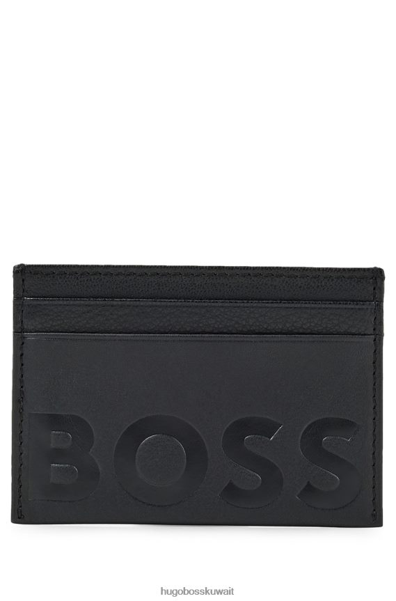 4TFNJN5926 أسود Hugo Boss حامل بطاقات من الجلد المحبب مع شعار Emed