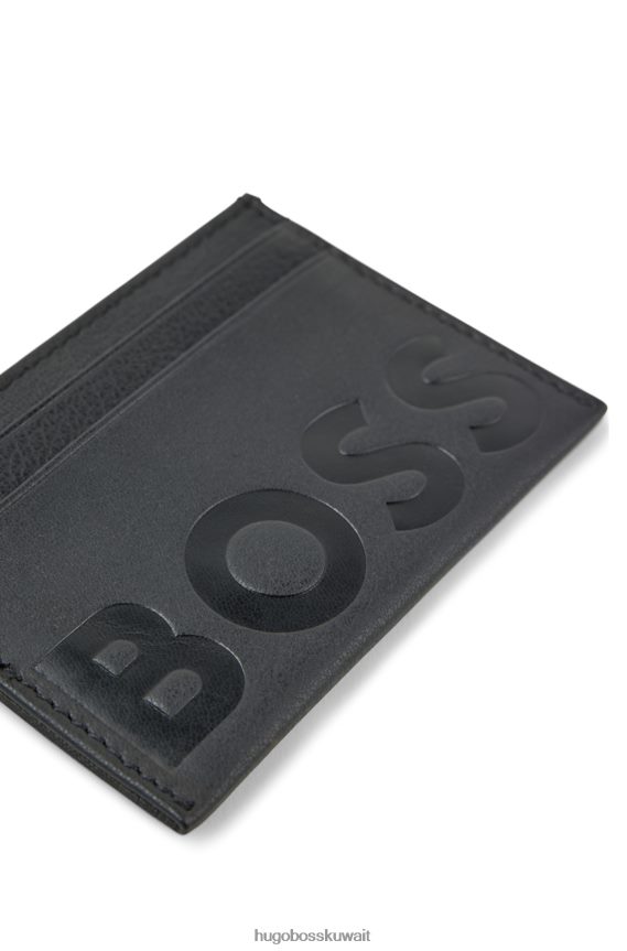 4TFNJN5926 أسود Hugo Boss حامل بطاقات من الجلد المحبب مع شعار Emed