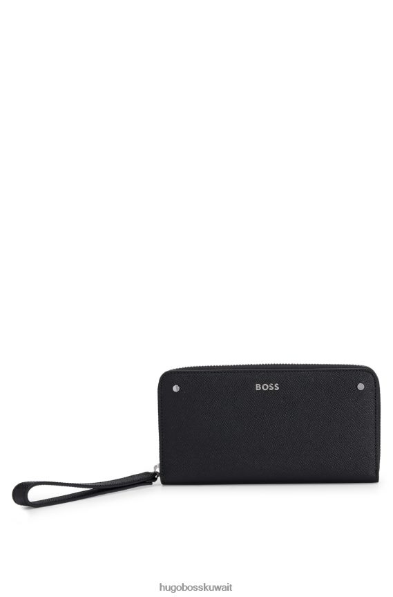 4TFNJN5936 أسود Hugo Boss محفظة بسحاب من الجلد المحبب باللون الأسود مع سوار معصم