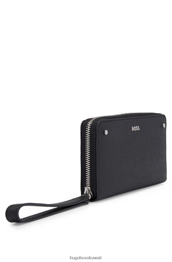 4TFNJN5936 أسود Hugo Boss محفظة بسحاب من الجلد المحبب باللون الأسود مع سوار معصم