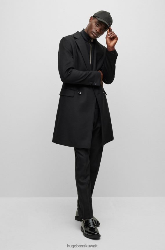 4TFNJN898 أسود Hugo Boss معطف أسود مزدوج الصدر من الصوف البكر وهوغو الكشمير
