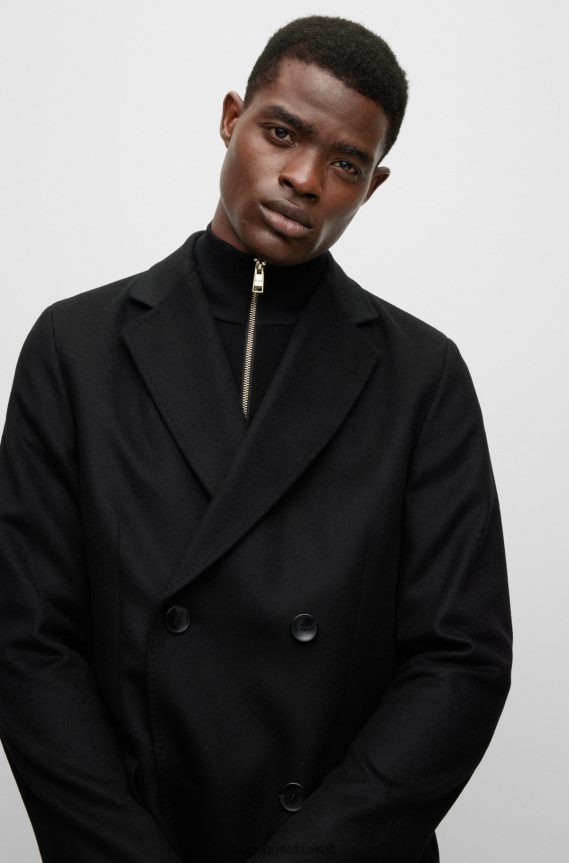 4TFNJN898 أسود Hugo Boss معطف أسود مزدوج الصدر من الصوف البكر وهوغو الكشمير