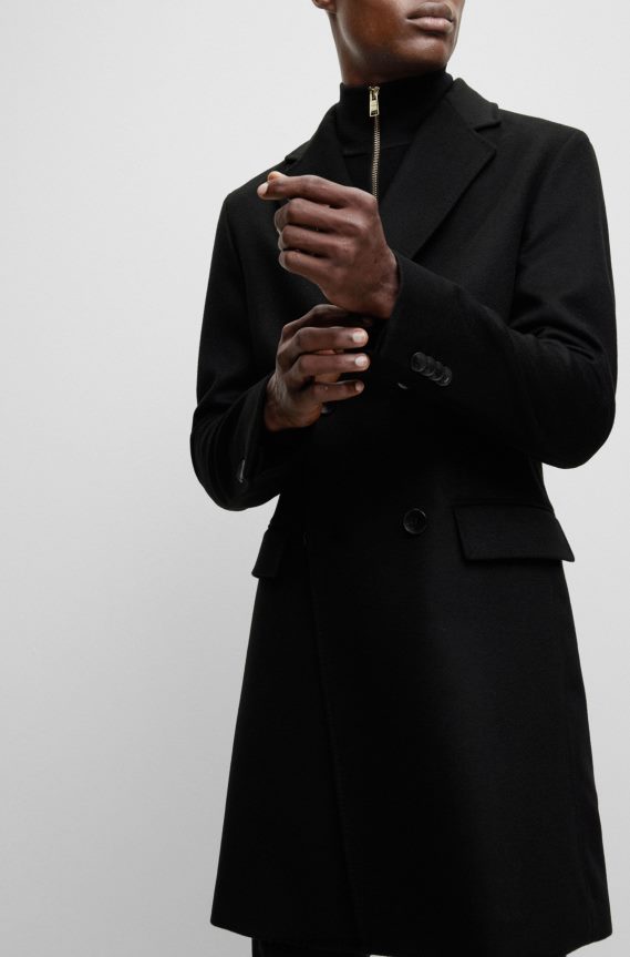 4TFNJN898 أسود Hugo Boss معطف أسود مزدوج الصدر من الصوف البكر وهوغو الكشمير