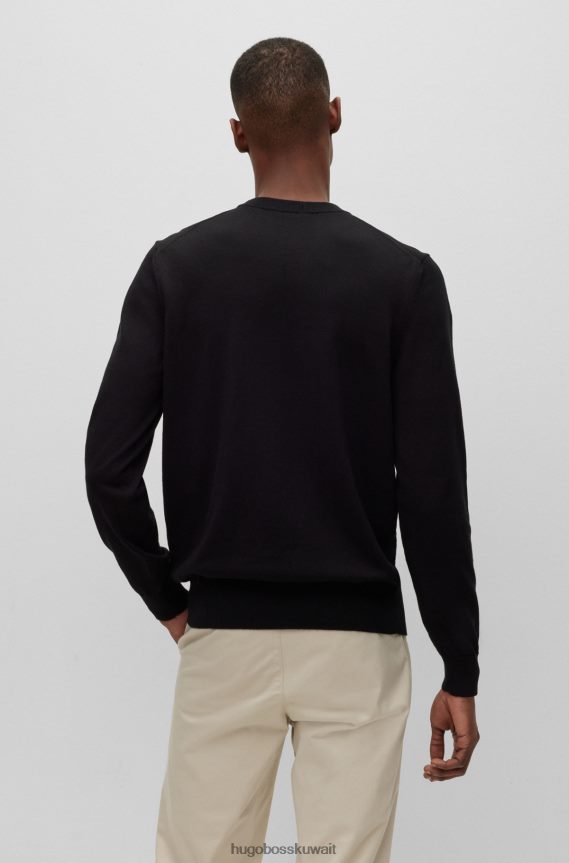 4TFNJN904 أسود Hugo Boss سترة سوداء من القطن الخالص بقصة عادية مع شعار هوغو مطرز